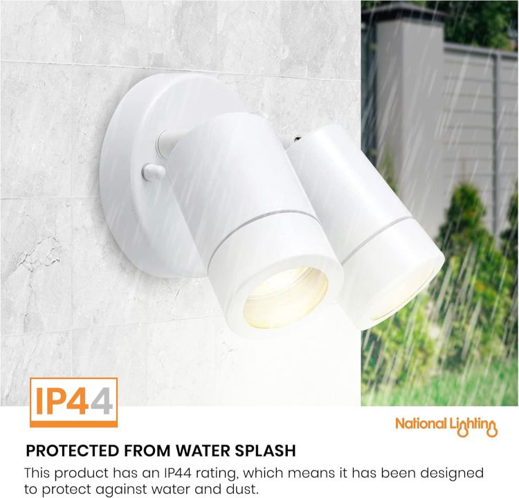 Picture of National Lighting IP44 Rated Outdoor Twin Spotlights, Gloss White Steel Adjustable Tilt Outside Lights, Mains Powered Security Spot Lights, 2X 7W 240V LED GU10 (Not Included) [Energy Class A]