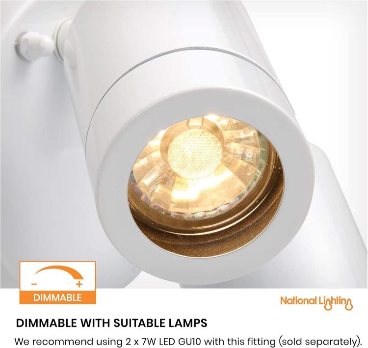 Picture of National Lighting IP44 Rated Outdoor Twin Spotlights, Gloss White Steel Adjustable Tilt Outside Lights, Mains Powered Security Spot Lights, 2X 7W 240V LED GU10 (Not Included) [Energy Class A]
