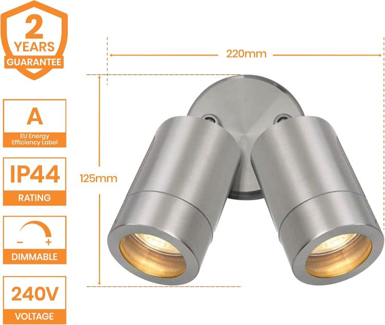 Picture of National Lighting IP44 Rated Outdoor Twin Spotlights, Brushed Stainless Steel Adjustable Tilt Outside Lights, Mains Powered Security Spot Lights, 2X 7W 240V LED GU10 (Not Included) [Energy Class A]