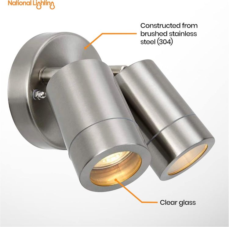 Picture of National Lighting IP44 Rated Outdoor Twin Spotlights, Brushed Stainless Steel Adjustable Tilt Outside Lights, Mains Powered Security Spot Lights, 2X 7W 240V LED GU10 (Not Included) [Energy Class A]