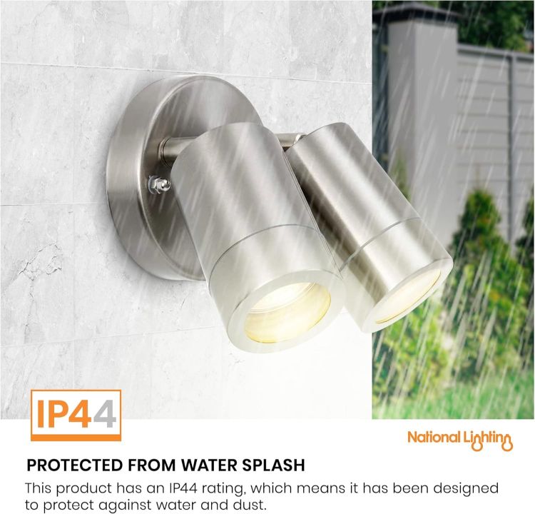 Picture of National Lighting IP44 Rated Outdoor Twin Spotlights, Brushed Stainless Steel Adjustable Tilt Outside Lights, Mains Powered Security Spot Lights, 2X 7W 240V LED GU10 (Not Included) [Energy Class A]