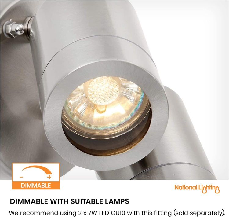 Picture of National Lighting IP44 Rated Outdoor Twin Spotlights, Brushed Stainless Steel Adjustable Tilt Outside Lights, Mains Powered Security Spot Lights, 2X 7W 240V LED GU10 (Not Included) [Energy Class A]