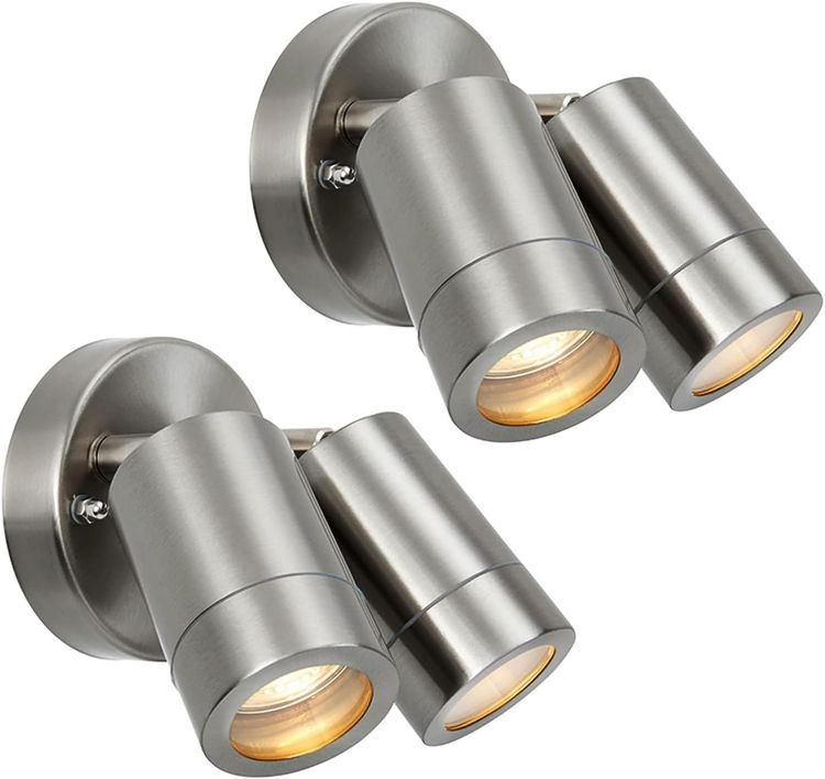 Picture of National Lighting IP44 Rated Outdoor Twin Spotlights, Brushed Stainless Steel Adjustable Tilt Outside Lights, Mains Powered Security Spot Lights, 2X 7W 240V LED GU10 (Not Included) [Energy Class A]