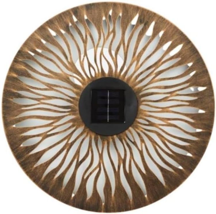 Picture of Solar Powered Metal Sun Wall Lamp, Solar Garden Ornaments Metal Light Up 38cm 10 LEDs Sun Wall Art for Garden, LED Light, Outdoor Decorative Automatic 8 Hours Light Output, No Tools Required [Energy Class A]
