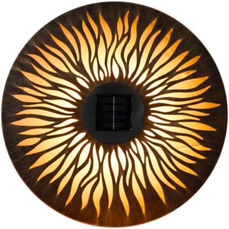 Picture of Solar Powered Metal Sun Wall Lamp, Solar Garden Ornaments Metal Light Up 38cm 10 LEDs Sun Wall Art for Garden, LED Light, Outdoor Decorative Automatic 8 Hours Light Output, No Tools Required [Energy Class A]