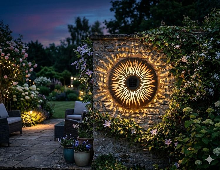 Picture of Solar Powered Metal Sun Wall Lamp, Solar Garden Ornaments Metal Light Up 38cm 10 LEDs Sun Wall Art for Garden, LED Light, Outdoor Decorative Automatic 8 Hours Light Output, No Tools Required [Energy Class A]