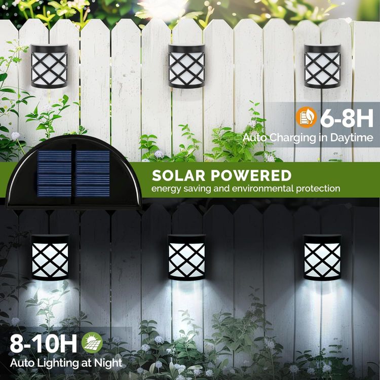Picture of Solpex Solar Wall and Fence Lights, 4 Packs Waterproof 6 LED Deck Lights, Decorative Outdoor for Fence, Deck, Patio, Stairs, Yard, Pathway (Cold White) [Energy Class A]