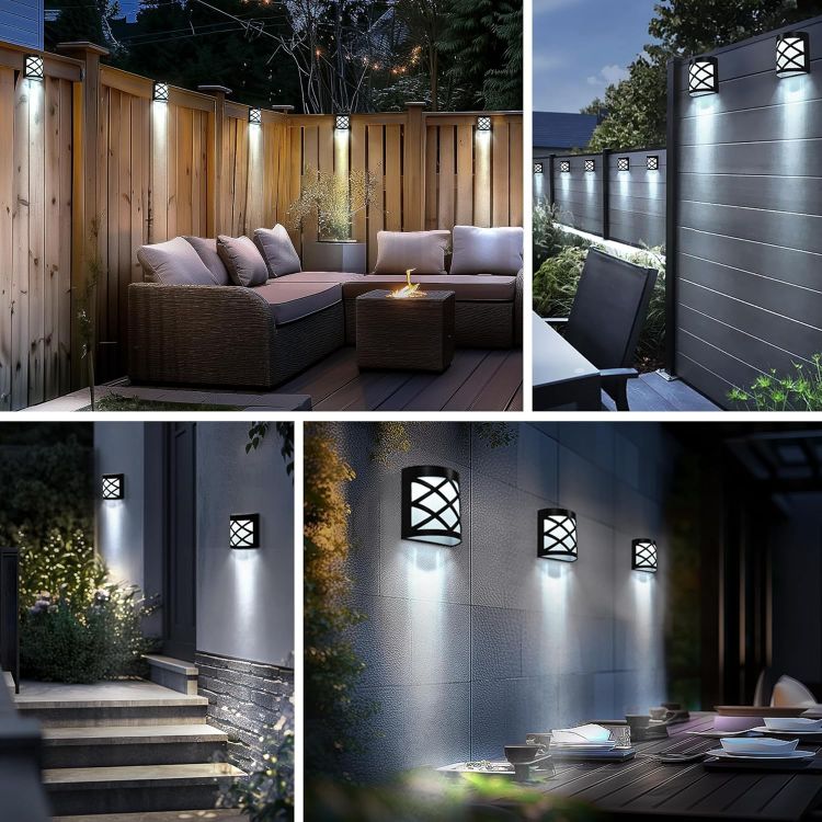 Picture of Solpex Solar Wall and Fence Lights, 4 Packs Waterproof 6 LED Deck Lights, Decorative Outdoor for Fence, Deck, Patio, Stairs, Yard, Pathway (Cold White) [Energy Class A]