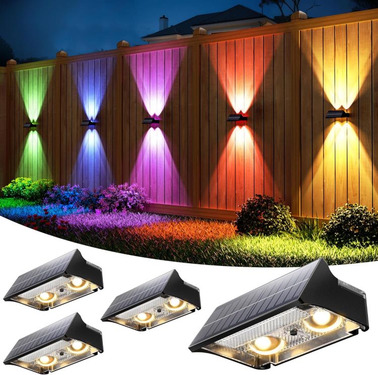 Picture of VOLISUN Solar Fence Lights Outdoor Garden 4 Pack, 9 Color Modes RGB Solar Garden Lights Waterproof IP65, Bright Fence Solar Lights for Outside Deck Patio Gate Yard Pathway Decoration(Black) [Energy Class C]