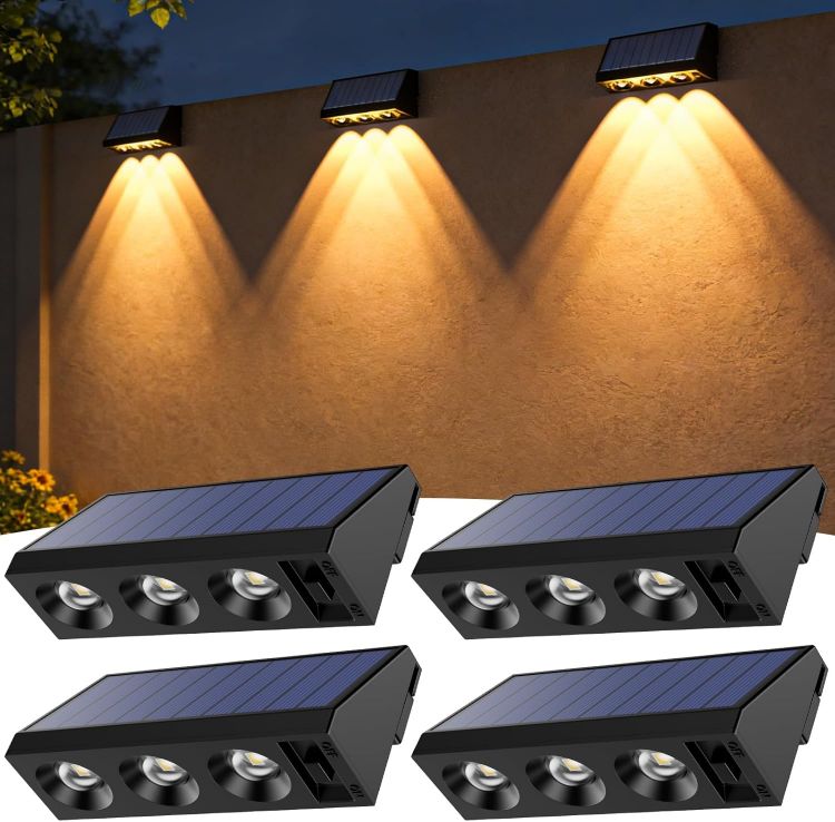 Picture of Solar Fence Lights Outdoor, 4 Pack Solar Wall Lights with 3LED, Waterproof IP65, 3 Convex Lenses Increase Brightness Solar Powered Garden Lights for Patio Yard Deck Gate Decorations