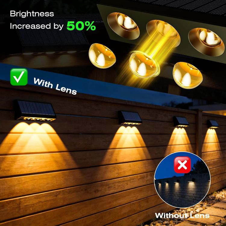 Picture of Solar Fence Lights Outdoor, 4 Pack Solar Wall Lights with 3LED, Waterproof IP65, 3 Convex Lenses Increase Brightness Solar Powered Garden Lights for Patio Yard Deck Gate Decorations