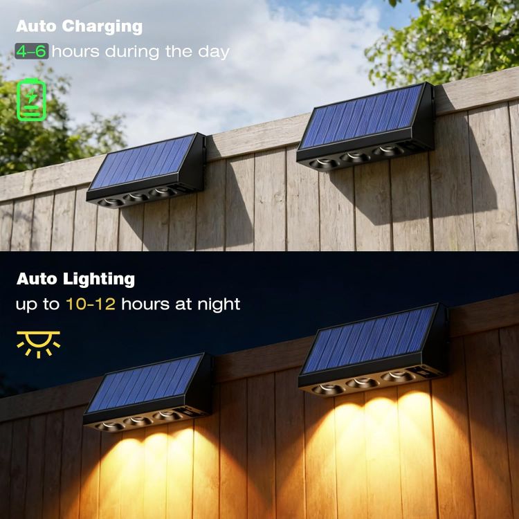 Picture of Solar Fence Lights Outdoor, 4 Pack Solar Wall Lights with 3LED, Waterproof IP65, 3 Convex Lenses Increase Brightness Solar Powered Garden Lights for Patio Yard Deck Gate Decorations