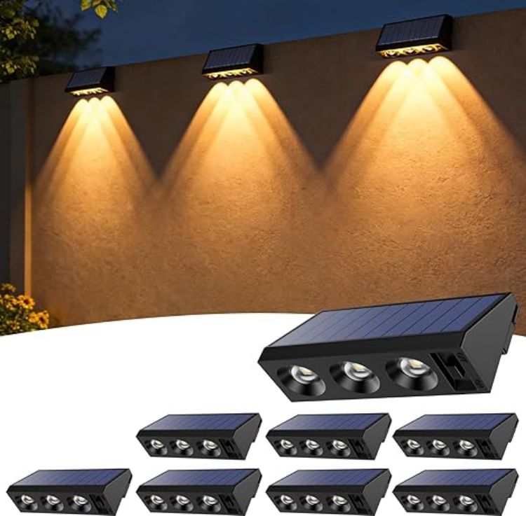 Picture of Solar Fence Lights Outdoor, 4 Pack Solar Wall Lights with 3LED, Waterproof IP65, 3 Convex Lenses Increase Brightness Solar Powered Garden Lights for Patio Yard Deck Gate Decorations