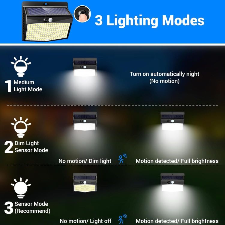 Picture of Solar Security Light Outdoor Motion Sensor, 168 LED Waterproof Solar Wall Light with 3 Modes, PIR Outdoor Sensor Light for Fence, Front Door, Garden, Garage, 1 Pack