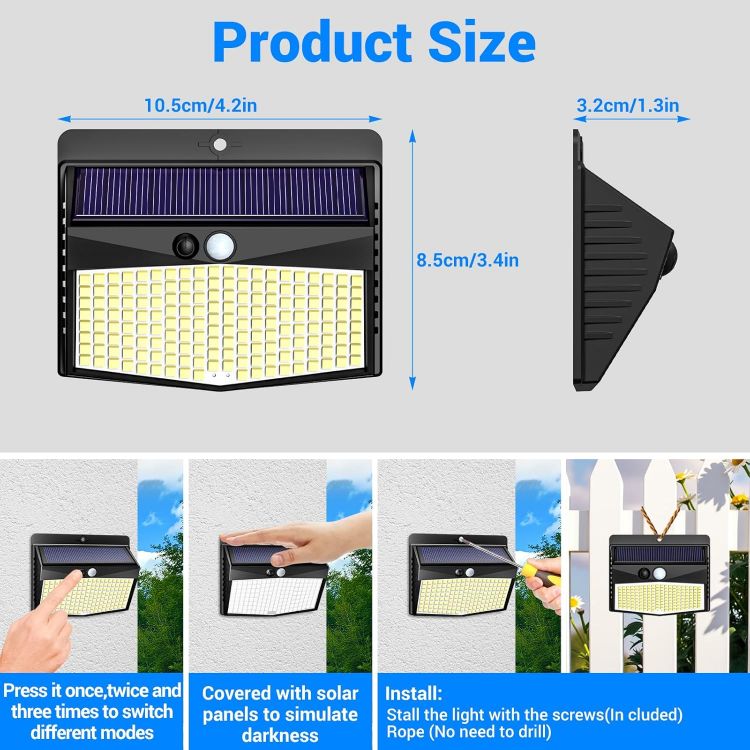 Picture of Solar Security Light Outdoor Motion Sensor, 168 LED Waterproof Solar Wall Light with 3 Modes, PIR Outdoor Sensor Light for Fence, Front Door, Garden, Garage, 1 Pack