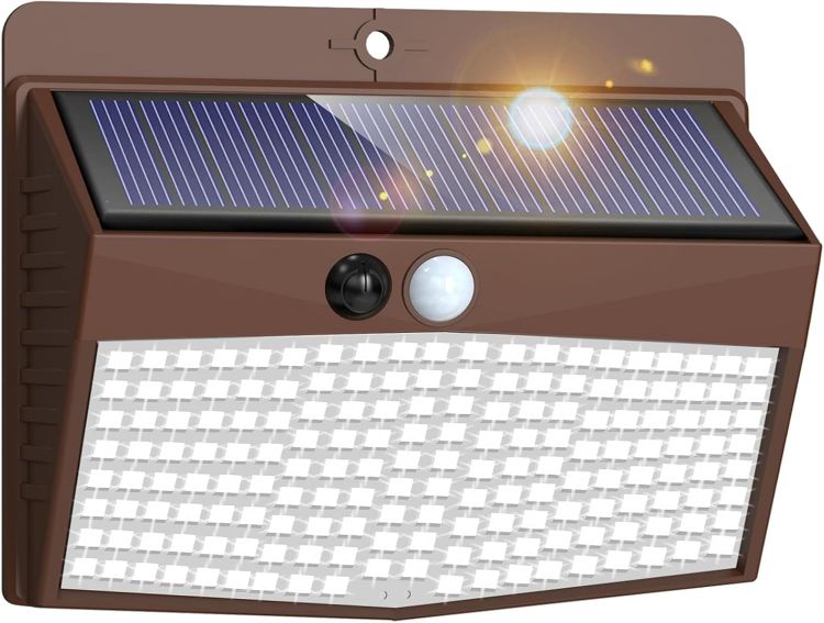 Picture of Solar Lights Outdoor Garden, Upgraded Brown Frame 168LED Solar Security Lights Motion Sensor, IP65 Waterproof Solar Powered Wall Lights with 3 Modes for Door, Fence, Garage