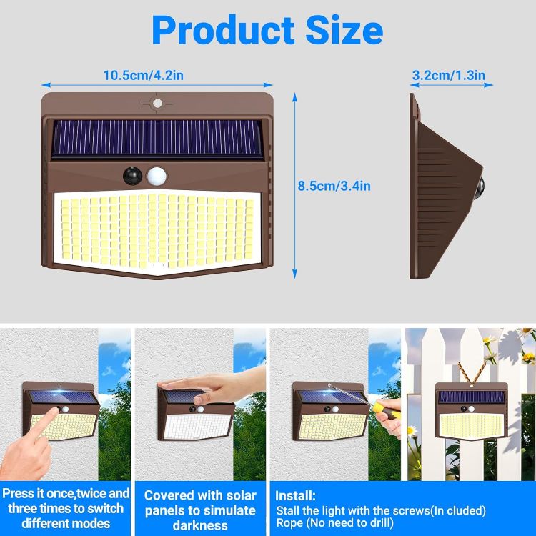 Picture of Solar Lights Outdoor Garden, Upgraded Brown Frame 168LED Solar Security Lights Motion Sensor, IP65 Waterproof Solar Powered Wall Lights with 3 Modes for Door, Fence, Garage