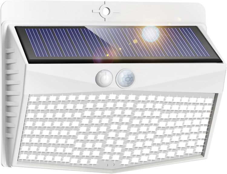 Picture of Solar Lights Outdoor Garden, Upgraded White Frame 168LED Solar Security Lights Motion Sensor, IP65 Waterproof Solar Powered Wall Lights with 3 Modes for Door, Fence, Garage