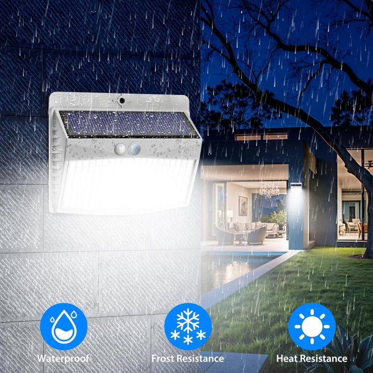 Picture of Solar Lights Outdoor Garden, Upgraded White Frame 168LED Solar Security Lights Motion Sensor, IP65 Waterproof Solar Powered Wall Lights with 3 Modes for Door, Fence, Garage