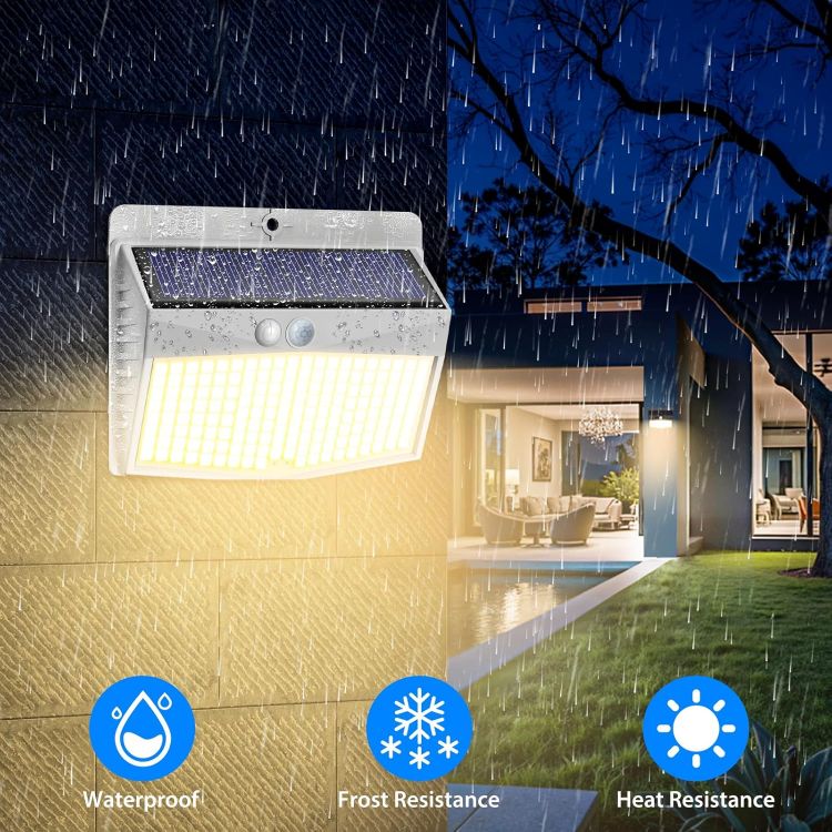 Picture of Solar Lights Outdoor Garden, Upgraded White Frame/Warm White 168LED Solar Security Lights Motion Sensor, IP65 Waterproof Solar Powered Wall Lights with 3 Modes for Door, Fence, Garage