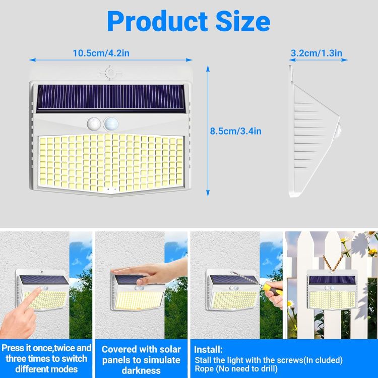 Picture of Solar Lights Outdoor Garden, Upgraded White Frame/Warm White 168LED Solar Security Lights Motion Sensor, IP65 Waterproof Solar Powered Wall Lights with 3 Modes for Door, Fence, Garage