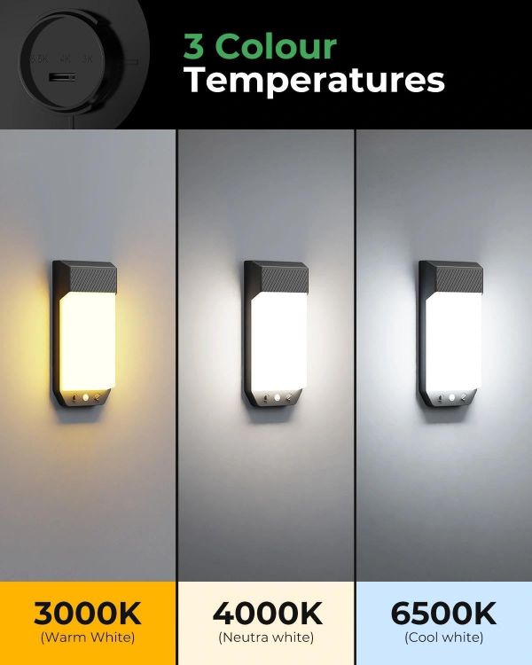 Picture of Outdoor Wall Lights Motion Sensor, 3000K/4000K/6500K Outside Light Mains Powered Timer, IP65 Waterproof LED Pir Lighting Exterior Sconce for Front Door Garden Garage Porch Entry Shed