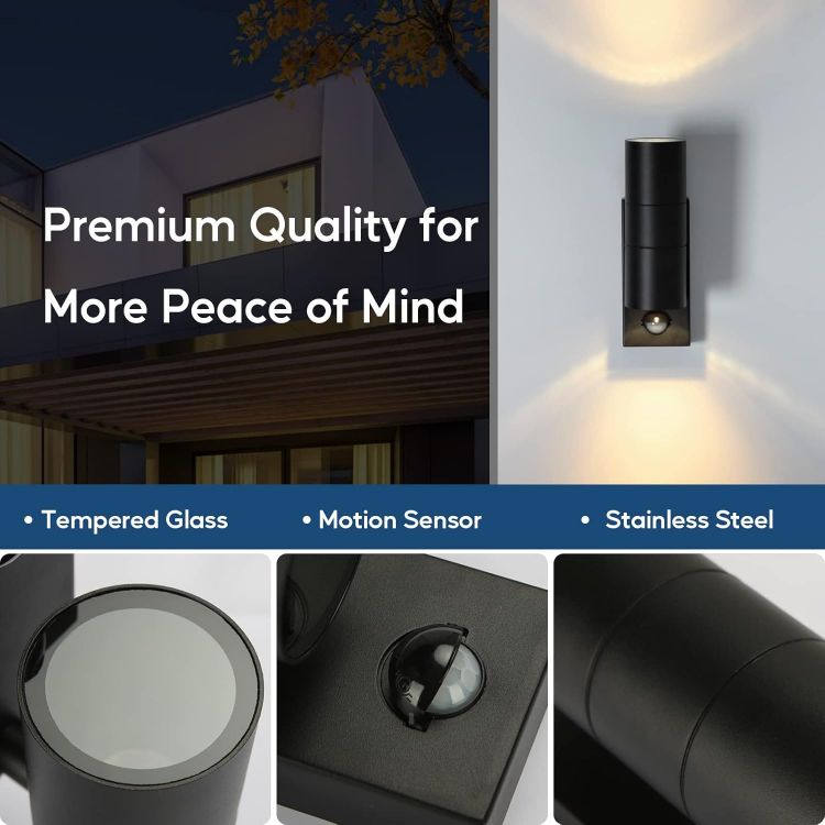 Picture of Kerry Outdoor Wall Light with Sensor, Mains Powered, Up Down, Black | Modern Stainless Steel Design, Adjustable PIR Motion Detection, IP44, GU10 Bulb, Not Included, for Front Doors 
