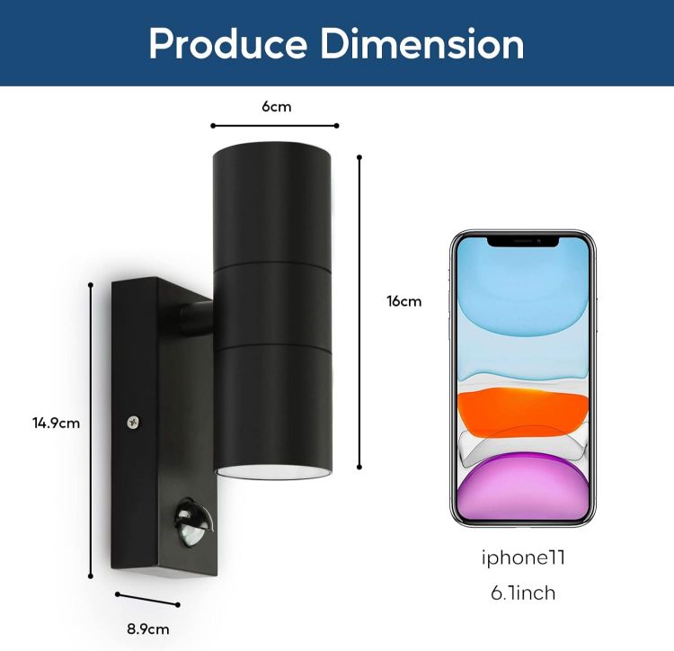 Picture of Kerry Outdoor Wall Light with Sensor, Mains Powered, Up Down, Black | Modern Stainless Steel Design, Adjustable PIR Motion Detection, IP44, GU10 Bulb, Not Included, for Front Doors 