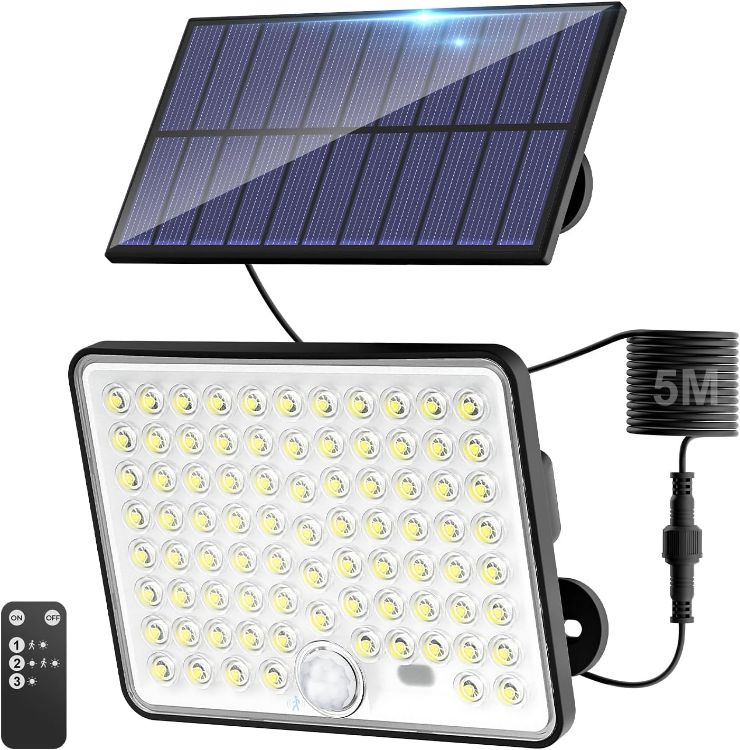 Picture of Kolpop Solar Security Lights with Lenses, Remote Solar Flood Lights Outdoor Motion Sensor, 3 Modes Solar Panel Powered Floodlight Waterproof for Garden Shed Porch Yard Garage Wall