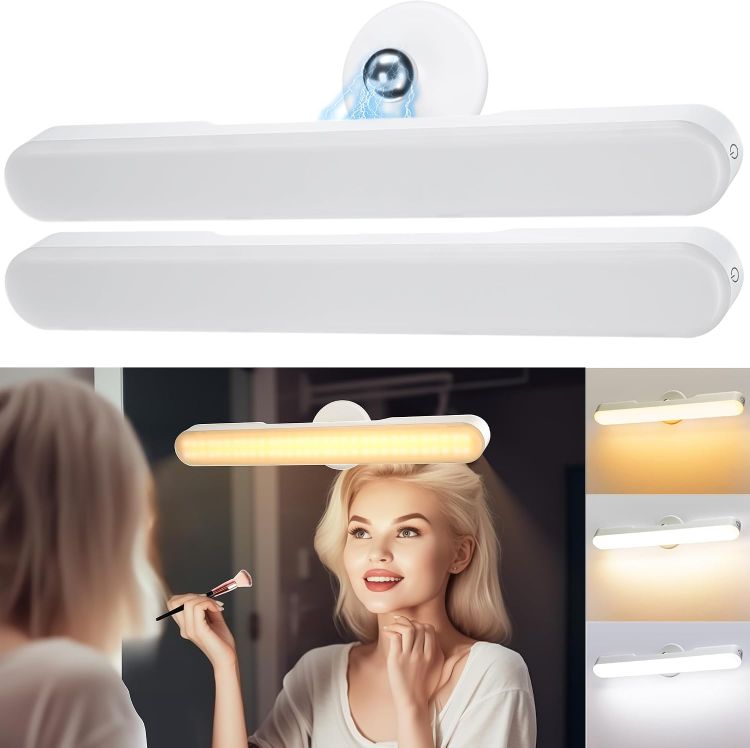 Picture of Makeup Mirror Lights Stick On Mirror, 4000mAH Rechargeable Battery Operated Dressing Table Lights, Touch Make Up Vanity Lights, Screw-Free Portable LED Lamp Bathroom Lighting USB Light Bulb