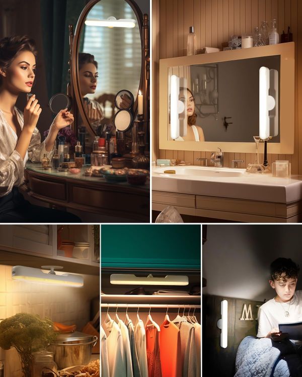 Picture of Makeup Mirror Lights Stick On Mirror, 4000mAH Rechargeable Battery Operated Dressing Table Lights, Touch Make Up Vanity Lights, Screw-Free Portable LED Lamp Bathroom Lighting USB Light Bulb