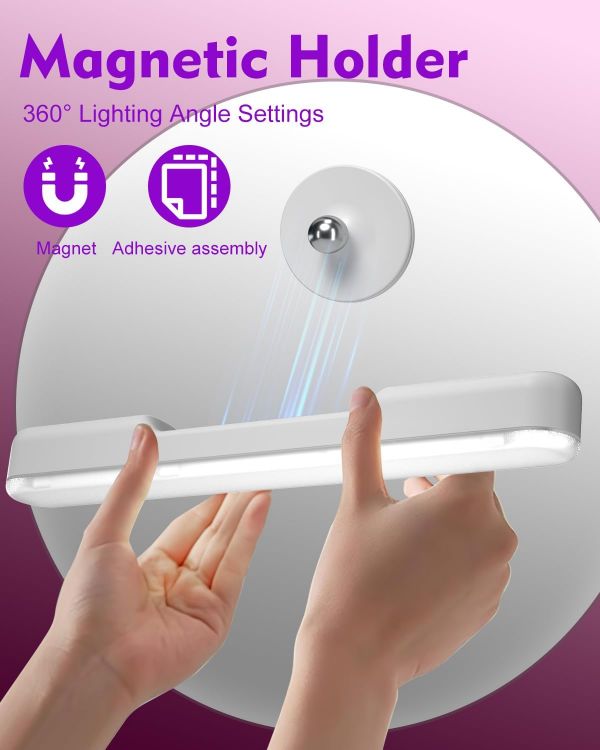 Picture of Makeup Mirror Lights Stick On Mirror, 4000mAH Rechargeable Battery Operated Dressing Table Lights, Touch Make Up Vanity Lights, Screw-Free Portable LED Lamp Bathroom Lighting USB Light Bulb