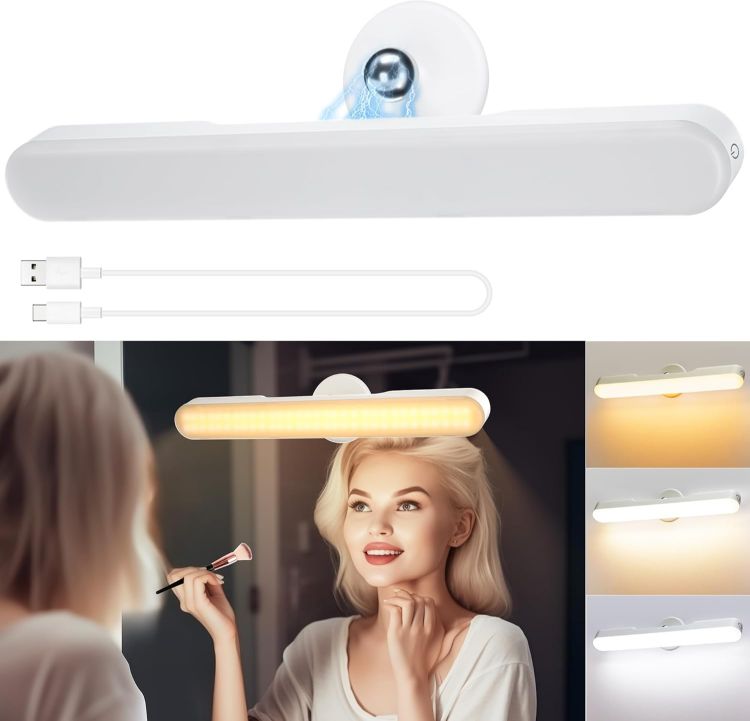 Picture of Makeup Mirror Lights Stick On Mirror, 4000mAH Rechargeable Battery Operated Dressing Table Lights, Touch Make Up Vanity Lights, Screw-Free Portable LED Lamp Bathroom Lighting USB Light Bulb