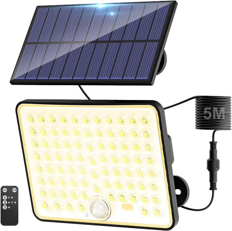 Picture of Kolpop Solar Security Lights with Lenses, Remote Solar Flood Lights Outdoor Motion Sensor, 3 Modes Solar Panel Powered Floodlight Waterproof for Garden Shed Porch Yard Garage Wall (Warm White)