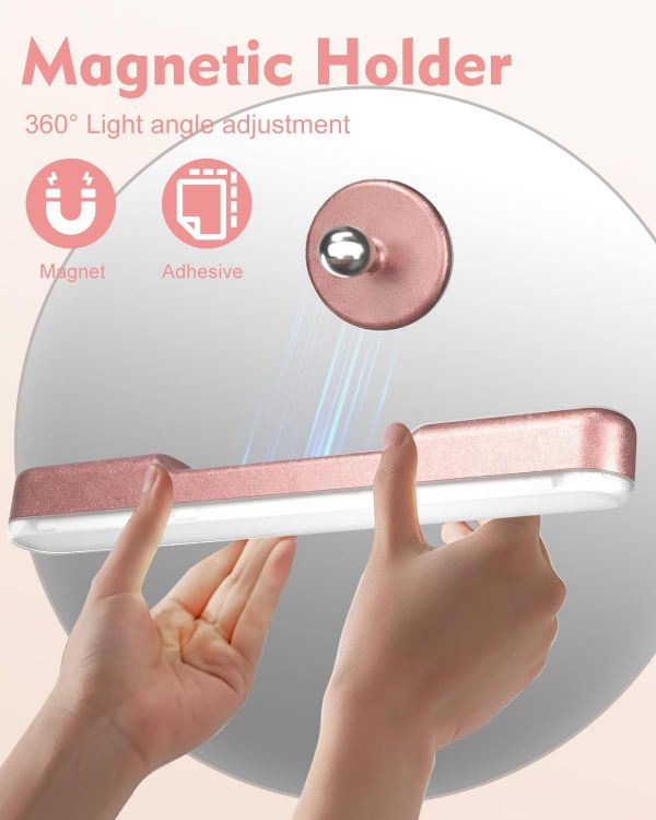 Picture of Makeup Mirror Lights Stick On Mirror, 4000mAH Rechargeable Battery Operated Dressing Table Lights, Touch Make Up Vanity Light, Screw-Free Portable LED Lamp Bathroom Lighting USB Light (Rose Gold)