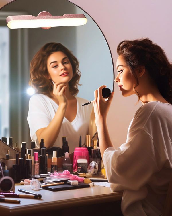 Picture of Makeup Mirror Lights Stick On Mirror, 4000mAH Rechargeable Battery Operated Dressing Table Lights, Touch Make Up Vanity Light, Screw-Free Portable LED Lamp Bathroom Lighting USB Light (Rose Gold)