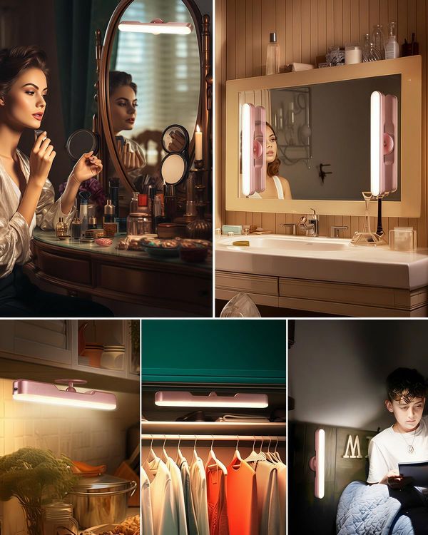 Picture of Makeup Mirror Lights Stick On Mirror, 4000mAH Rechargeable Battery Operated Dressing Table Lights, Touch Make Up Vanity Light, Screw-Free Portable LED Lamp Bathroom Lighting USB Light (Rose Gold)
