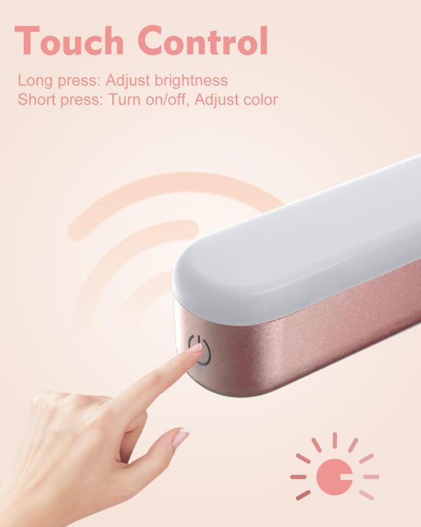 Picture of Makeup Mirror Lights Stick On Mirror, 4000mAH Rechargeable Battery Operated Dressing Table Lights, Touch Make Up Vanity Light, Screw-Free Portable LED Lamp Bathroom Lighting USB Light (Rose Gold)