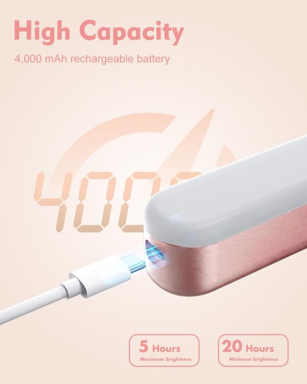 Picture of Makeup Mirror Lights Stick On Mirror, 4000mAH Rechargeable Battery Operated Dressing Table Lights, Touch Make Up Vanity Light, Screw-Free Portable LED Lamp Bathroom Lighting USB Light (Rose Gold)