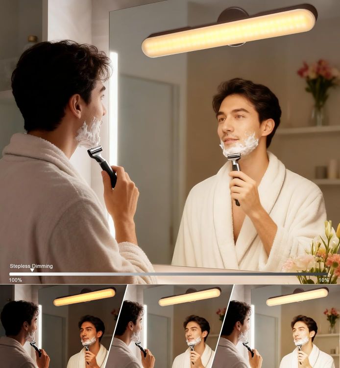 Picture of Makeup Mirror Lights Stick On Mirror, 4000mAH Rechargeable Battery Operated Dressing Table Lights, Touch Make Up Vanity Light, Screw-Free Portable LED Lamp Bathroom Lighting USB Light (Walnut) [Energy Class A]