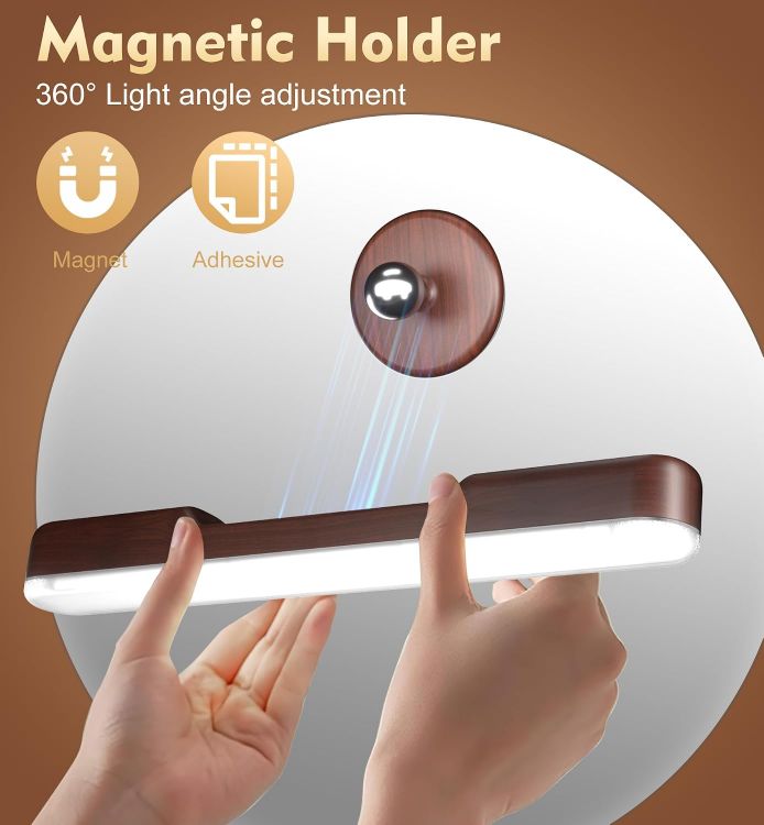 Picture of Makeup Mirror Lights Stick On Mirror, 4000mAH Rechargeable Battery Operated Dressing Table Lights, Touch Make Up Vanity Light, Screw-Free Portable LED Lamp Bathroom Lighting USB Light (Walnut) [Energy Class A]