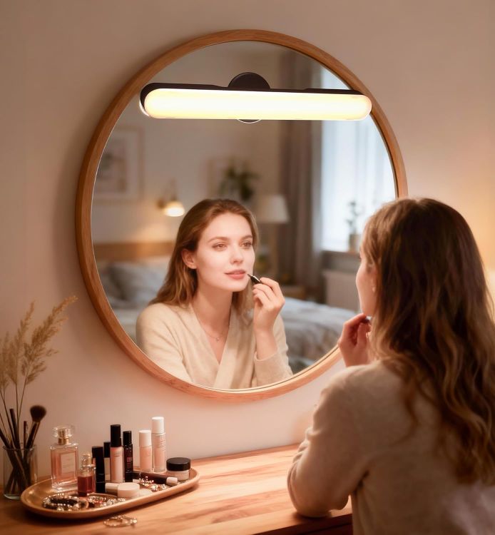 Picture of Makeup Mirror Lights Stick On Mirror, 4000mAH Rechargeable Battery Operated Dressing Table Lights, Touch Make Up Vanity Light, Screw-Free Portable LED Lamp Bathroom Lighting USB Light (Walnut) [Energy Class A]