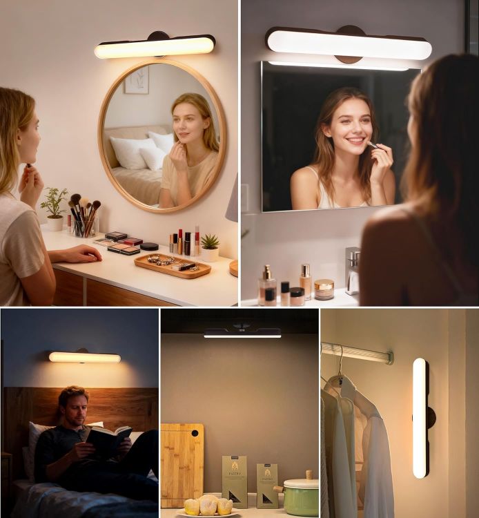 Picture of Makeup Mirror Lights Stick On Mirror, 4000mAH Rechargeable Battery Operated Dressing Table Lights, Touch Make Up Vanity Light, Screw-Free Portable LED Lamp Bathroom Lighting USB Light (Walnut) [Energy Class A]