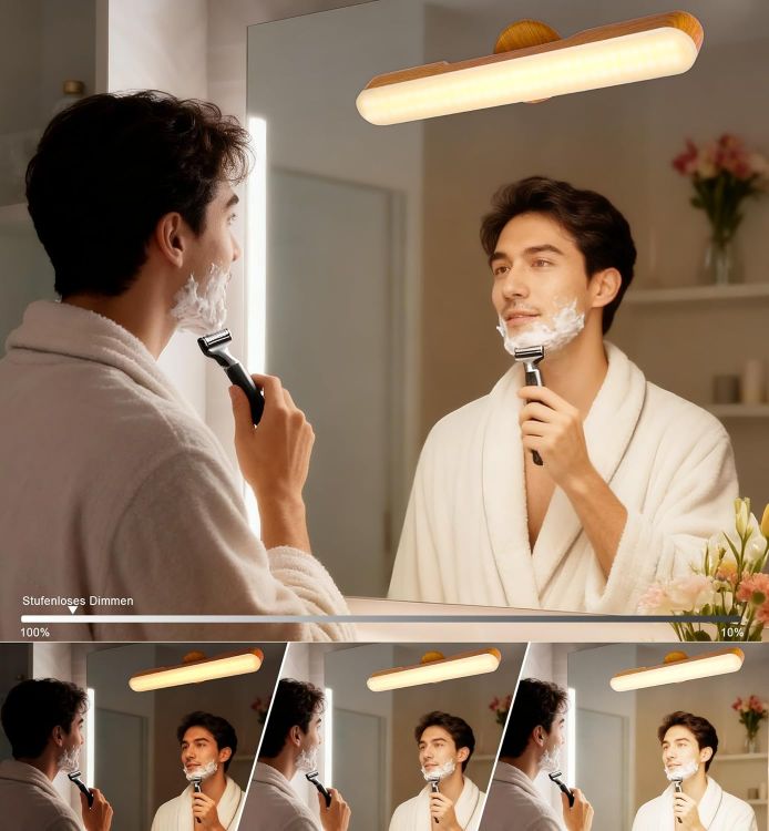 Picture of Makeup Mirror Lights Stick On Mirror, 4000mAH Rechargeable Battery Operated Dressing Table Lights, Touch Make Up Vanity Lights, Screw-Free Portable LED Lamp Bathroom Lighting USB Light (Oak) [Energy Class A]