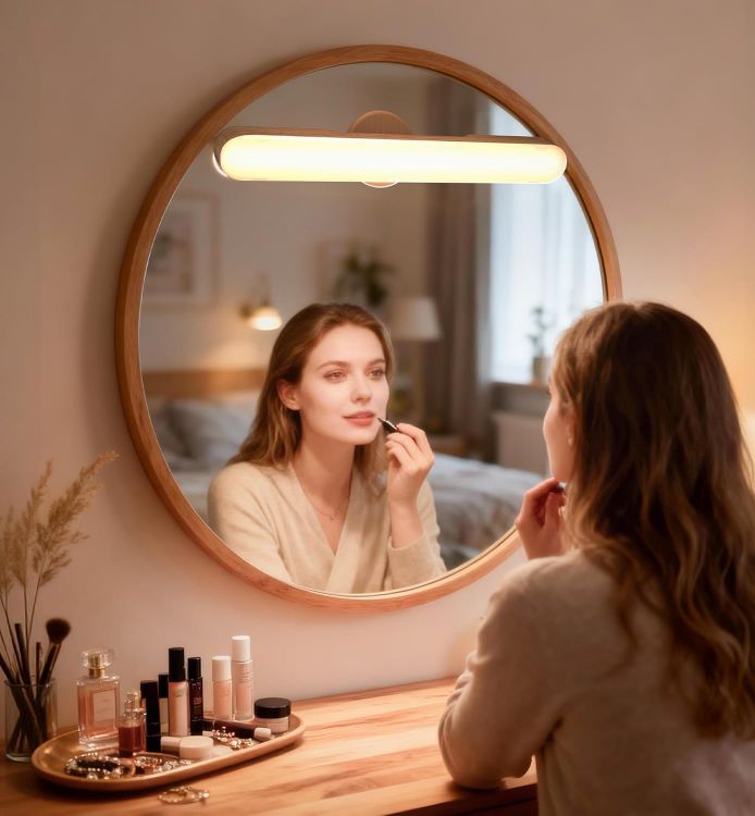 Picture of Makeup Mirror Lights Stick On Mirror, 4000mAH Rechargeable Battery Operated Dressing Table Lights, Touch Make Up Vanity Lights, Screw-Free Portable LED Lamp Bathroom Lighting USB Light (Oak) [Energy Class A]