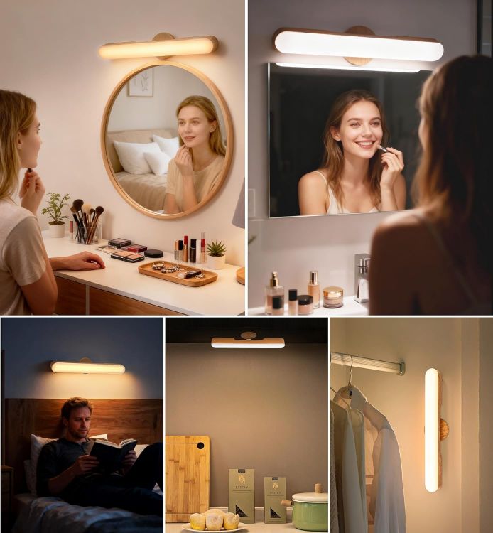 Picture of Makeup Mirror Lights Stick On Mirror, 4000mAH Rechargeable Battery Operated Dressing Table Lights, Touch Make Up Vanity Lights, Screw-Free Portable LED Lamp Bathroom Lighting USB Light (Oak) [Energy Class A]