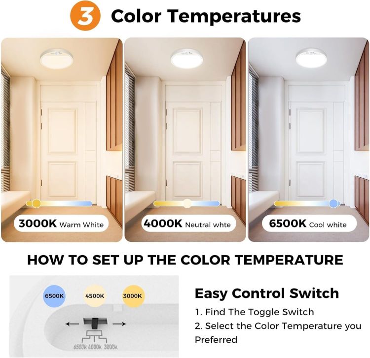 Picture of LED Ceiling Light with Motion Sensor, 3000K-4000K-6500K & 100W Equivalent Motion Sensor Lights Indoor, 15W 1500LM 18cm Bathroom Ceiling Light for Bath,Porch,Stairs,Garage