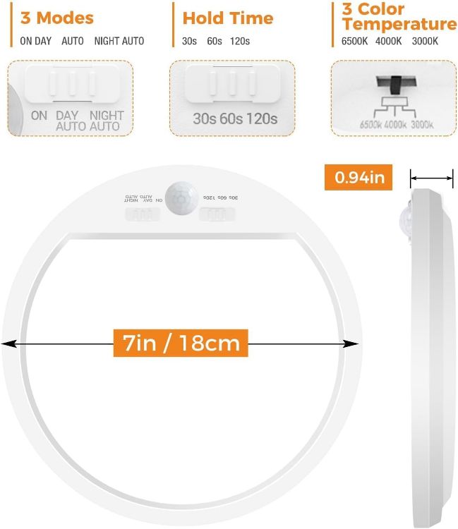 Picture of LED Ceiling Light with Motion Sensor, 3000K-4000K-6500K & 100W Equivalent Motion Sensor Lights Indoor, 15W 1500LM 18cm Bathroom Ceiling Light for Bath,Porch,Stairs,Garage