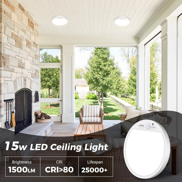 Picture of LED Ceiling Light with Motion Sensor, 3000K-4000K-6500K & 100W Equivalent Motion Sensor Lights Indoor, 15W 1500LM 18cm Bathroom Ceiling Light for Bath,Porch,Stairs,Garage