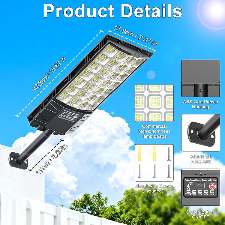 Picture of Solar Street Lights Outdoor, 6500K Solar Outside Light with Motion Sensor and Remote Control, Dusk to Dawn IP66 Waterproof Solar Security Lights for Yard, Garage, Street, Parking 